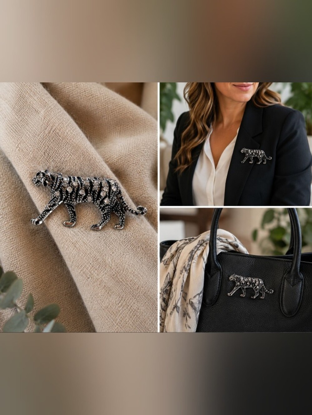 Crystal Embellished Tiger Brooch - Silver and Clear
